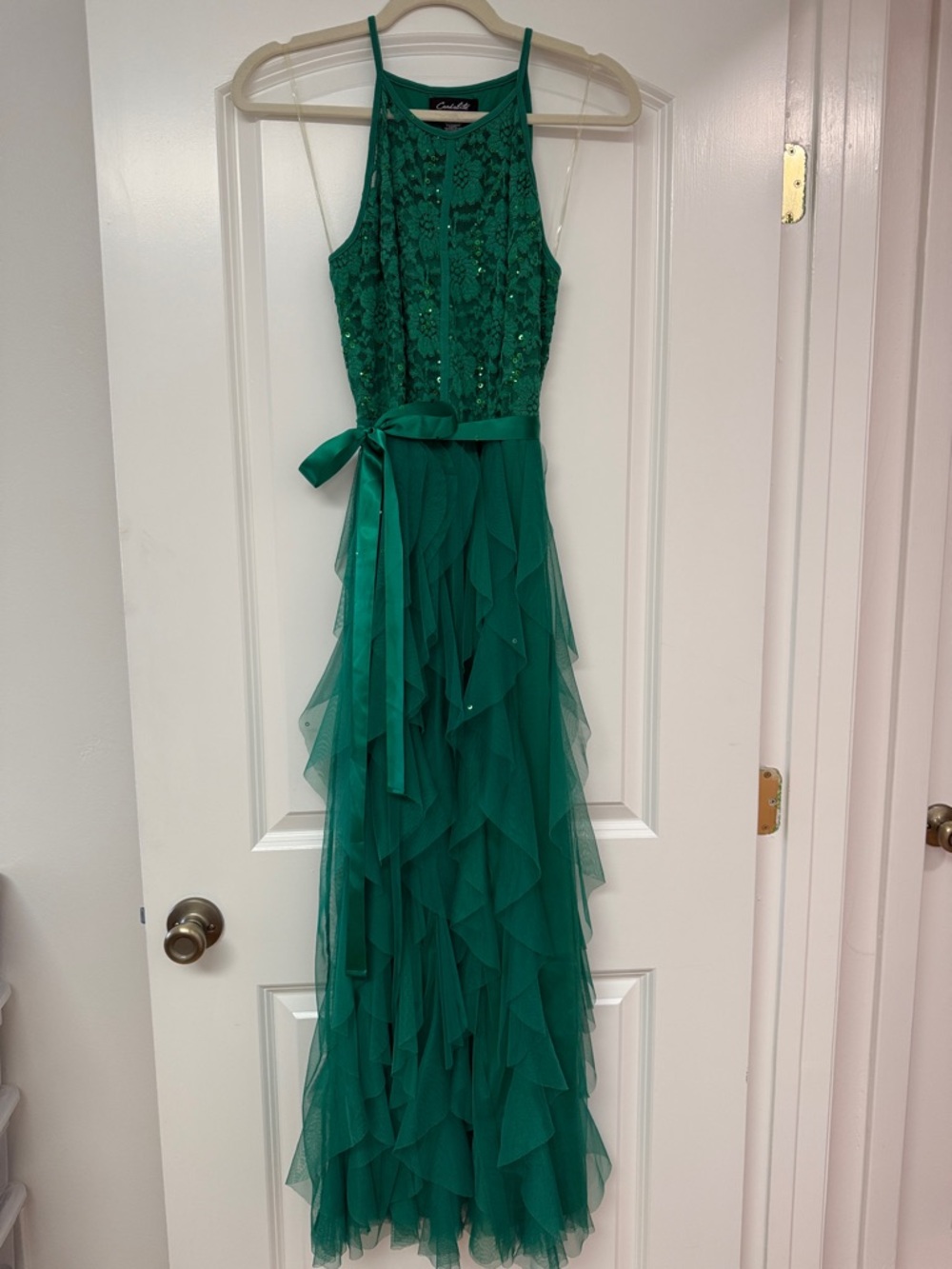 Candalite Green Lace and Tulle Spaghetti Strap Formal Dress